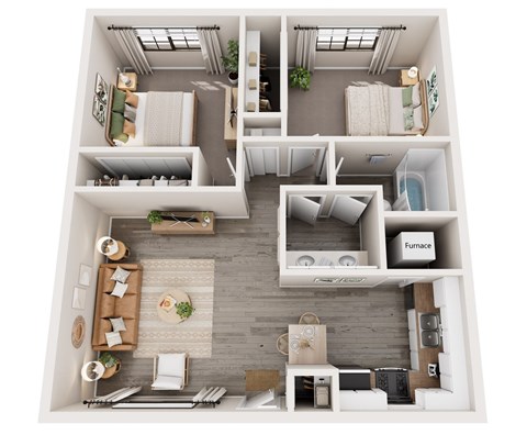 Floor plan for 2 beds, 1 bath, 764 sqft